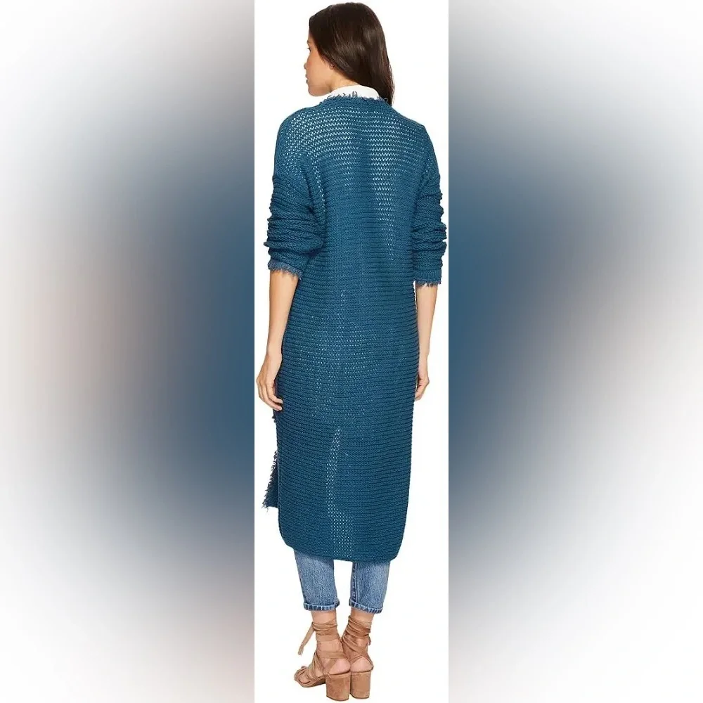 Free People Woodstock Cardigan Blue Open Knit Long Boho Slouchy Cozy Sweater - Picture 3 of 14